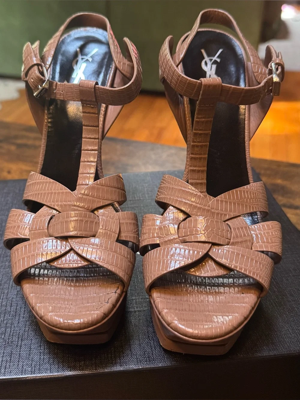 Saint Laurent Tan Croc-Embossed Leather T-Strap Sandals - Picture 3 of 16